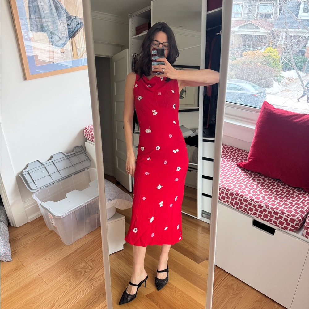 Red Midi Dress with White Floral Pattern